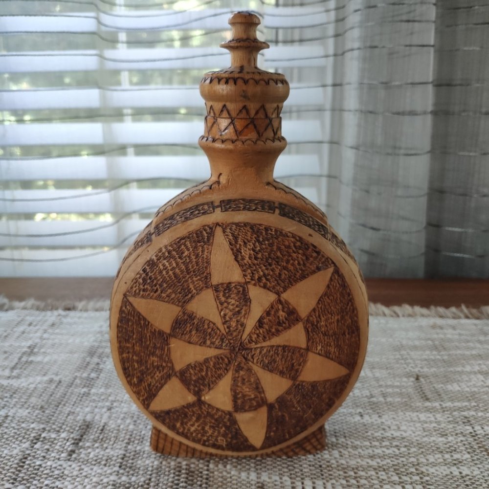 Bulgarian Wooden Bottle Pyrography Flask Wood Burned Graphics VTG Decanter 9.25"
